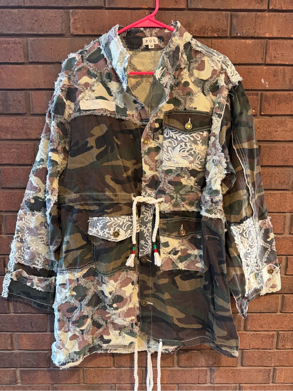 POL Patchwork Camo Utility Jacket in Green, Brown & Tan lace Medium NWOT